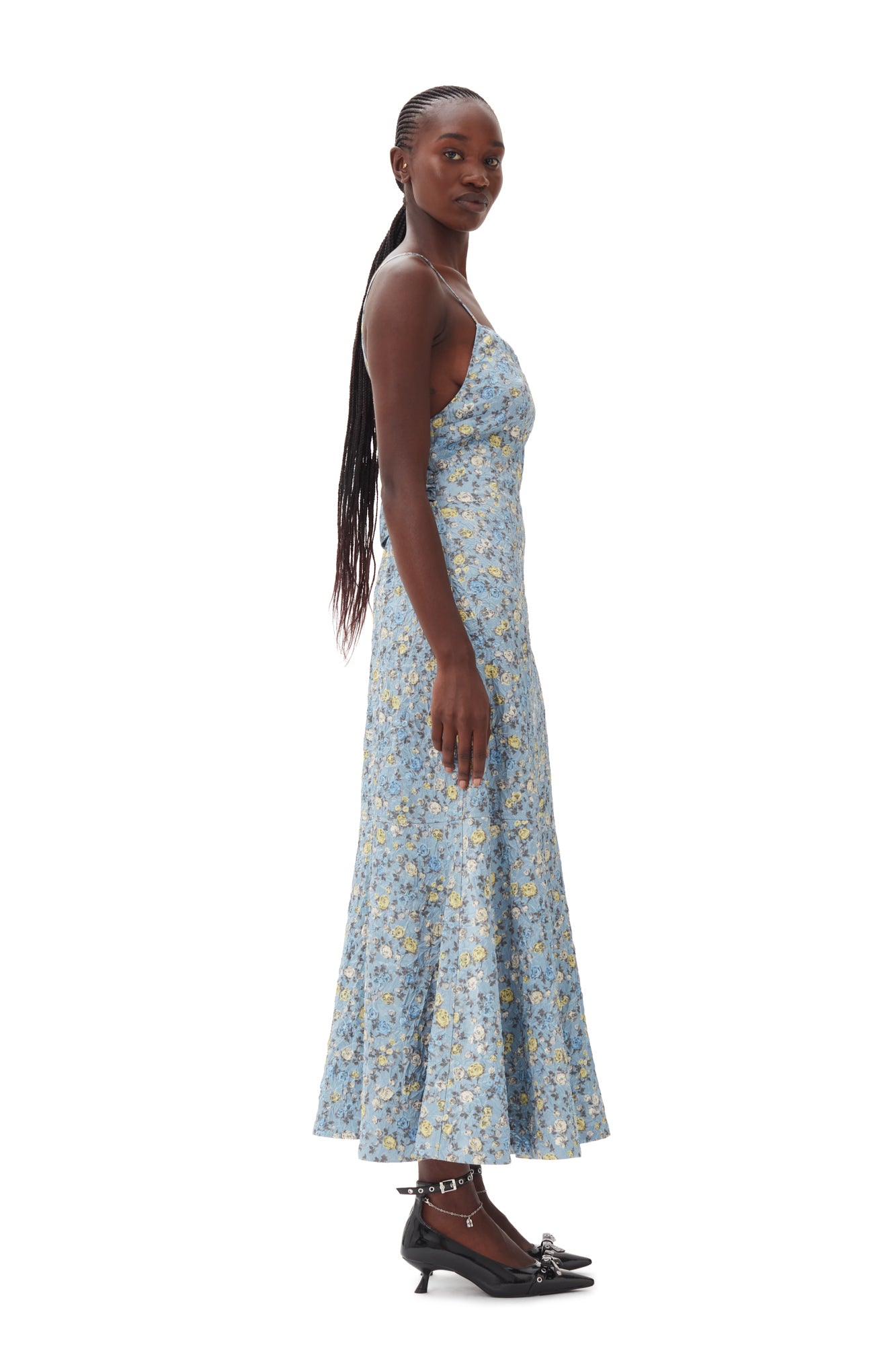Crinkled Satin Open Back Long Slip Dress